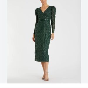Mac Duggal Green Sequin Beaded Sheath Dress V-Neck Bishop Sleeves Evening Gown